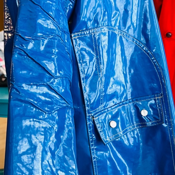 Vintage Aqua Sheen Rain Slicker  * Brilliant Shiny Blue Raincoat * medium/large - Picture 9 of 16